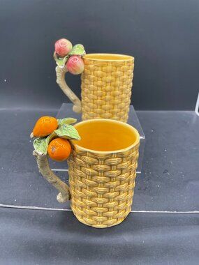 Pair of Creative Imports Japan Yellow Basket Weave Mugs Fruit Apple Orange READ